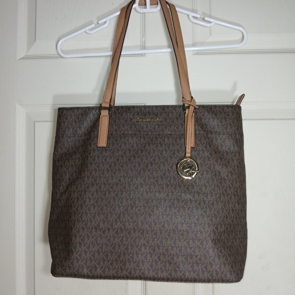 Michael Kors Jet Set Signature PVC Tote Bag Brown Tan Leather Trim
